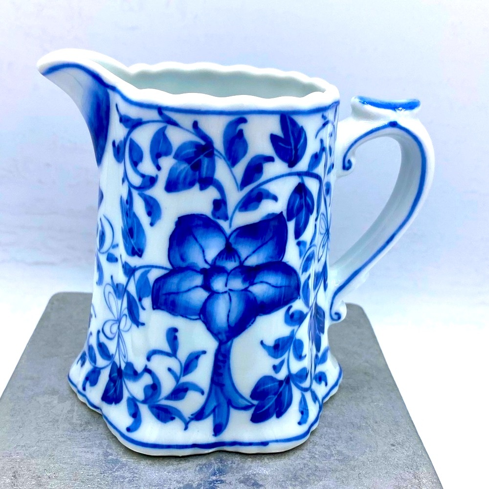 Vintage Andrea By Sadek Blue & White Creamer Blue And White Floral/Vine Motifs